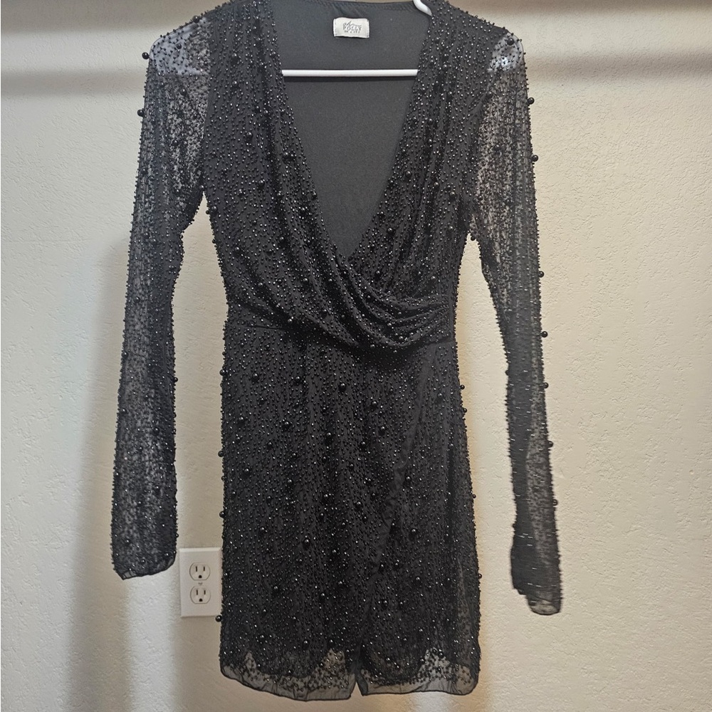 Oh Polly Black Beaded Long Sleeve Dress